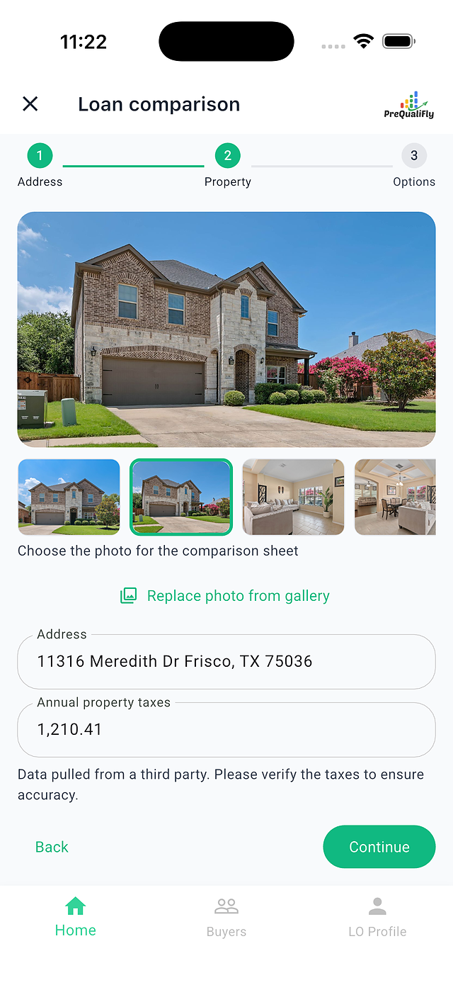 Property lookup with listing photos, taxes, and HOA
