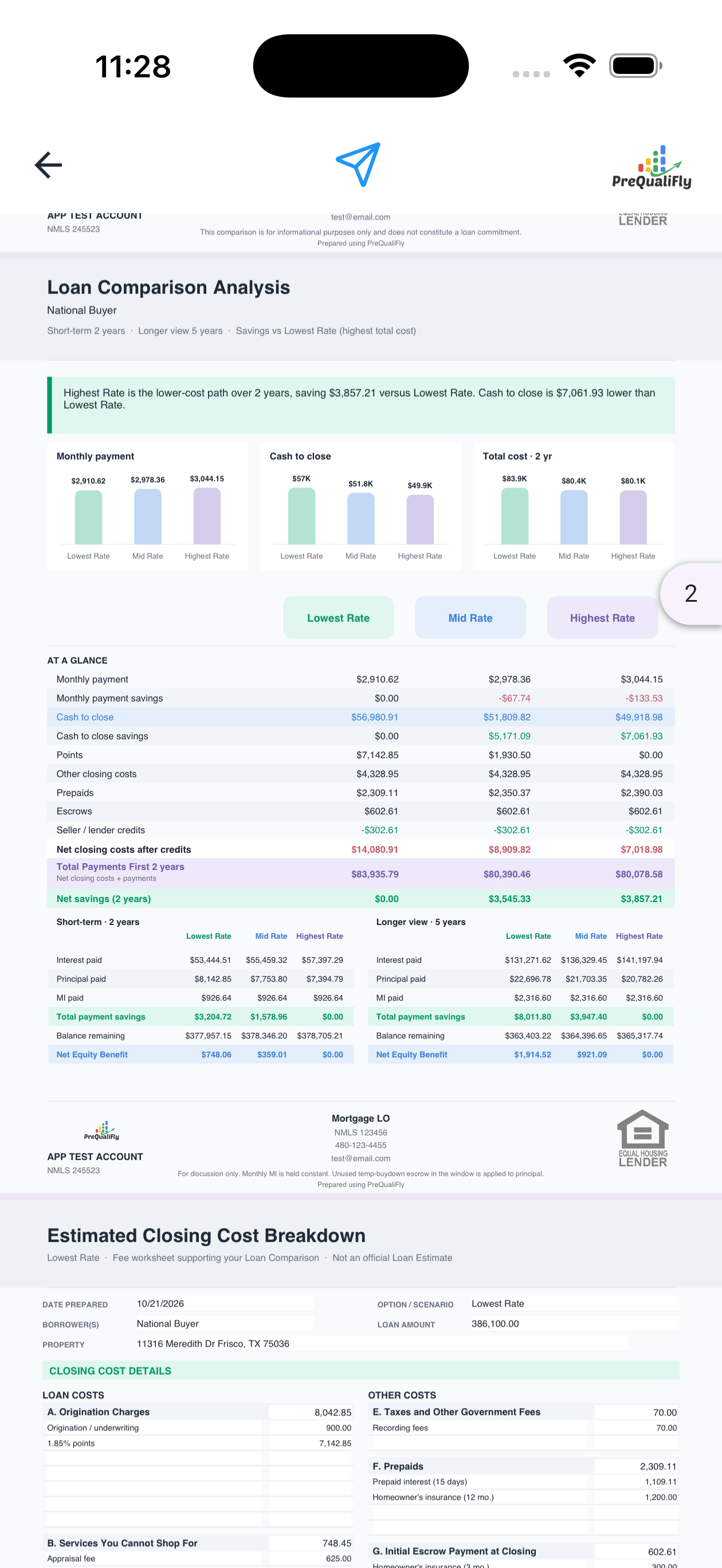 Loan comparison analysis PDF with payment and cash-to-close charts