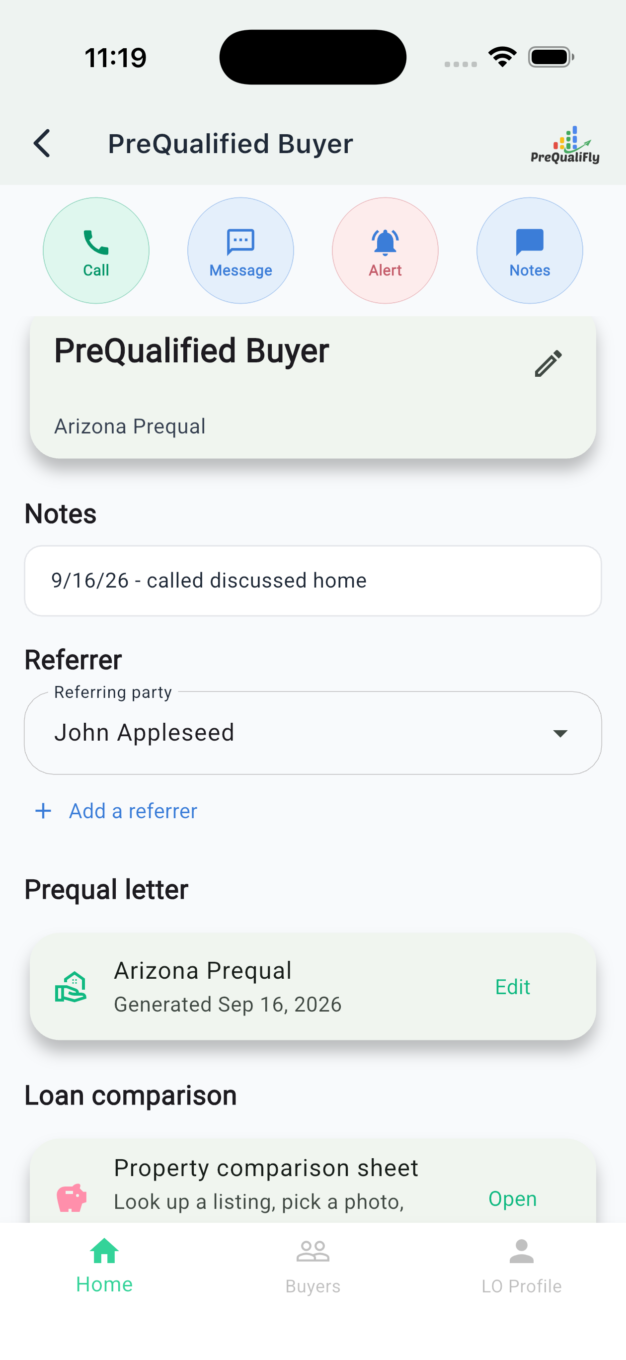 Buyer profile on PreQualiFly with call, text, reminder, and email actions