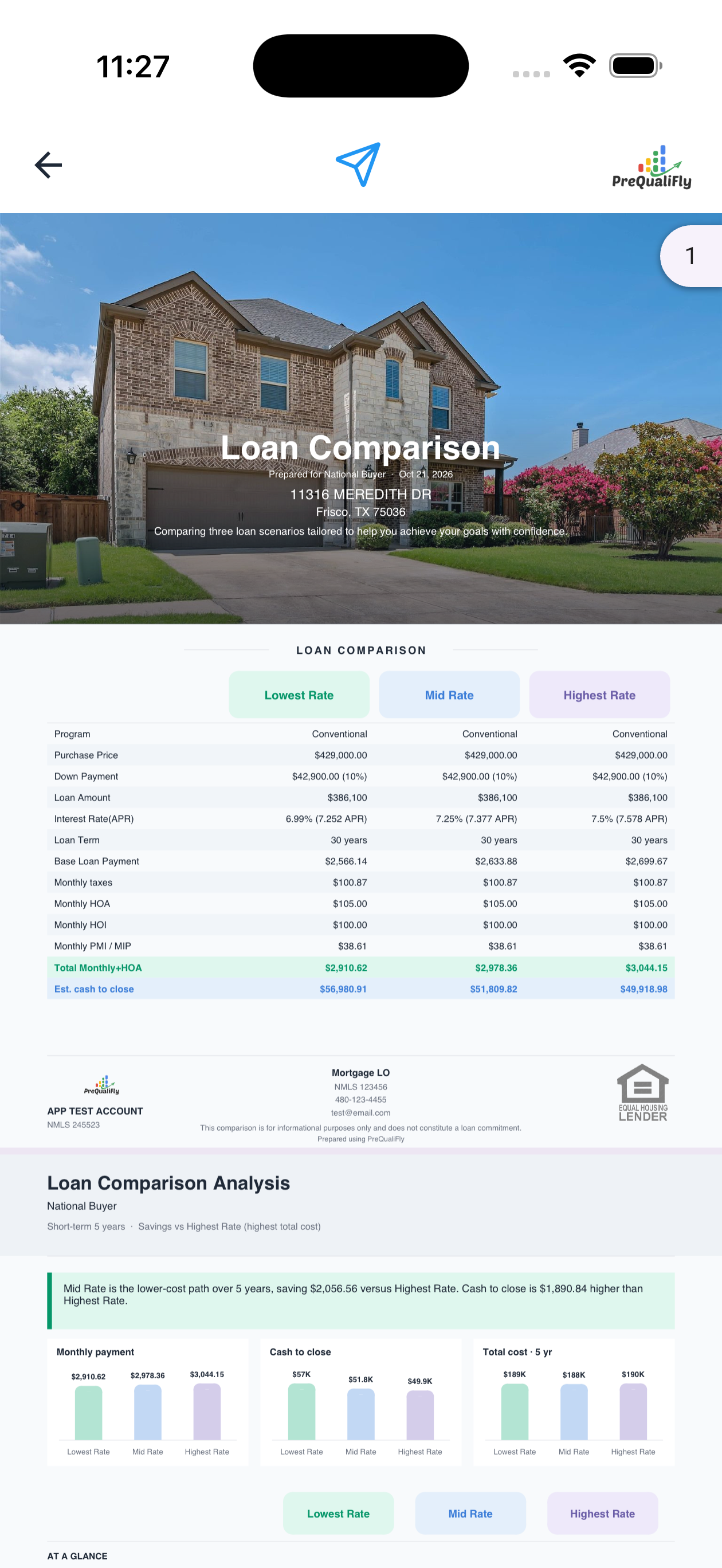 Loan comparison PDF with Lowest Rate, Mid Rate, and Highest Rate columns