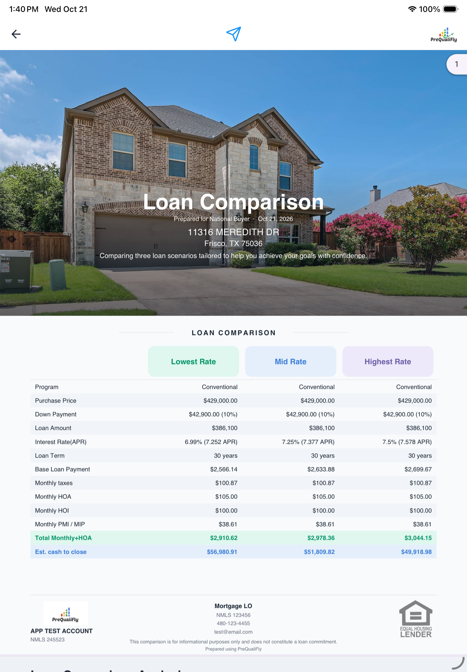 iPad view of a PreQualiFly loan comparison PDF for a Frisco property