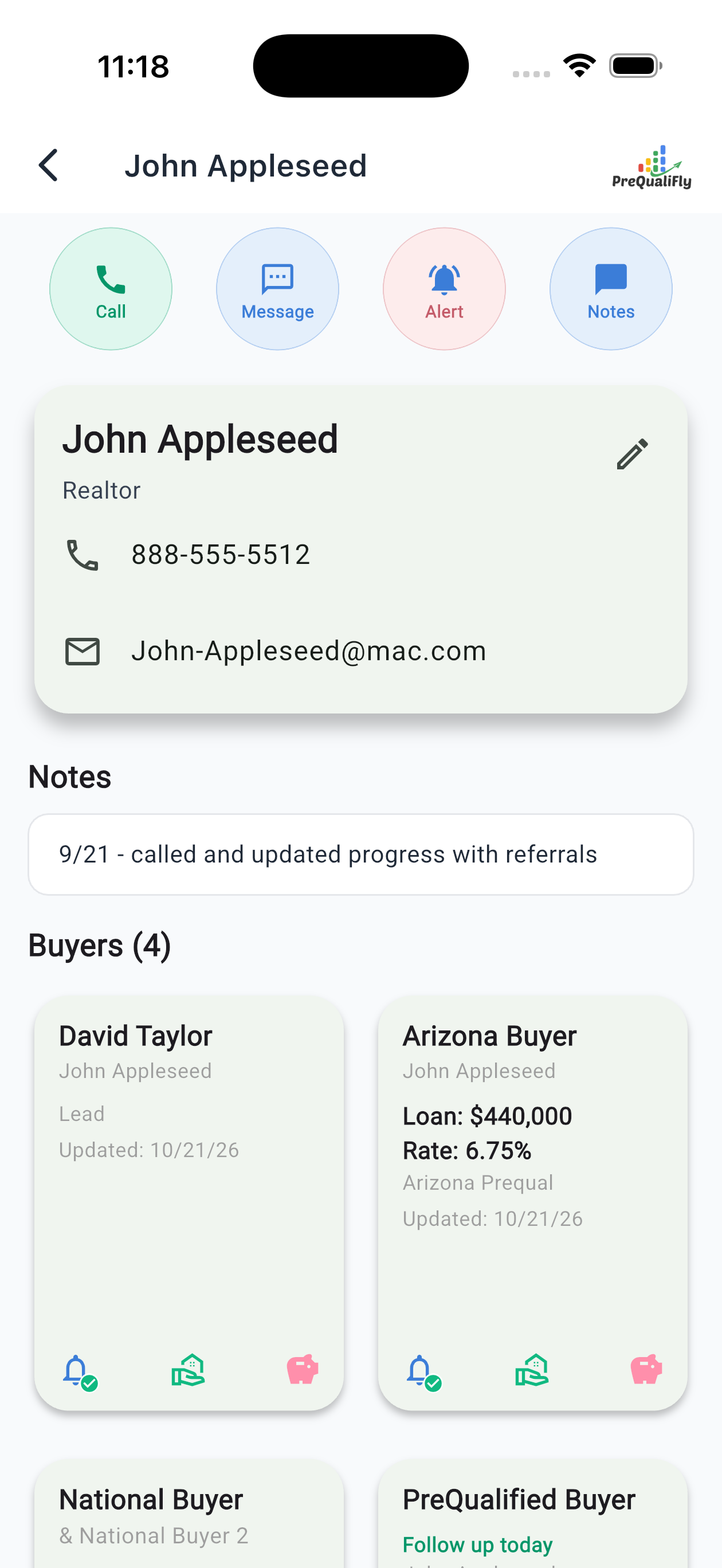 Realtor profile for John Appleseed with linked buyer cards